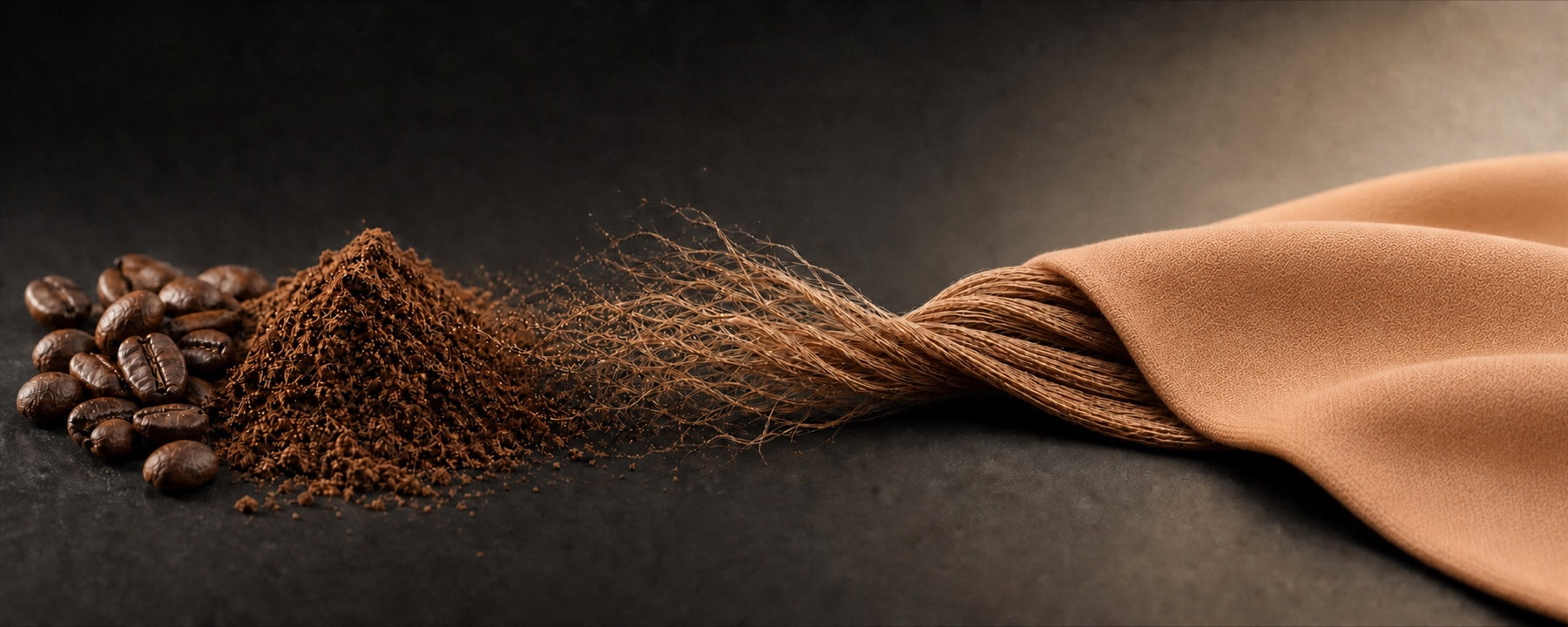 Coffee beans and grounds transforming into thread and Thrush brown performance fabric
